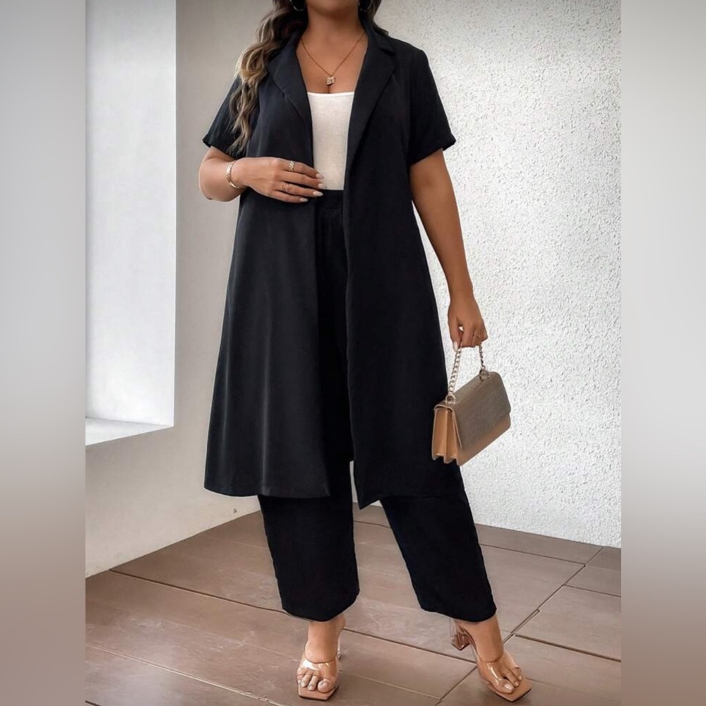 Black Wide-Leg Pants with Long Short-Sleeve Blazer Set